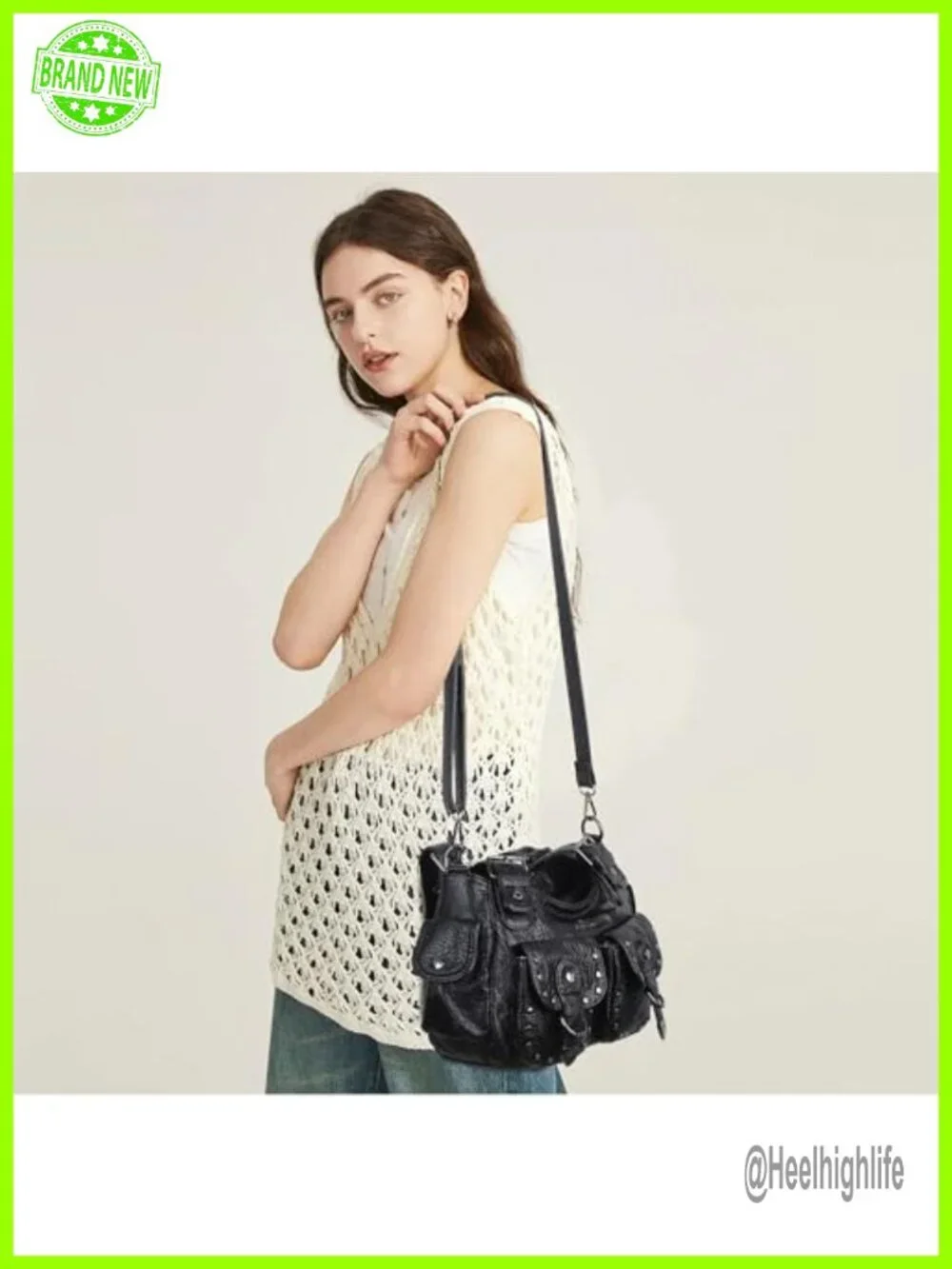 Vegan Leather Hobo Bag Multi Pocket Studded Shoulder Tote Y2K